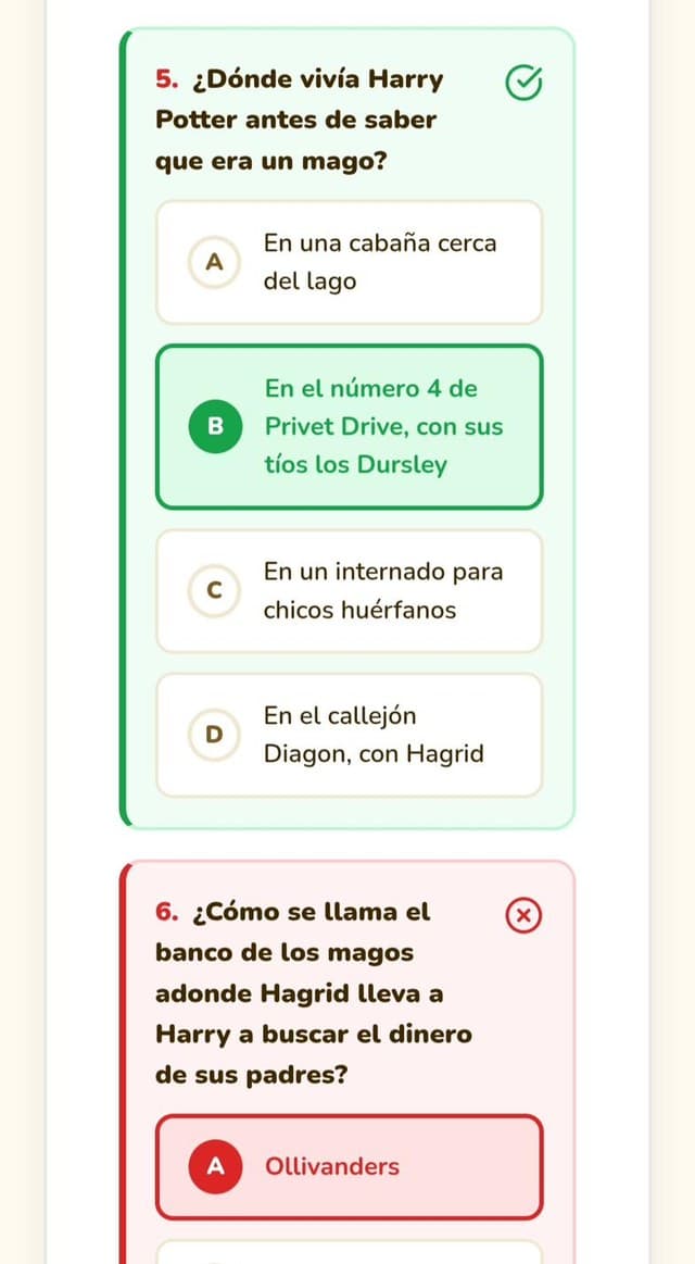 Cada alternativa marcada al revisar la prueba