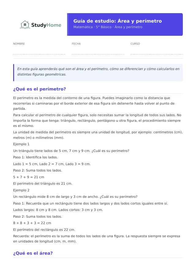Guía de estudio de Área y perímetro generada por StudyHome