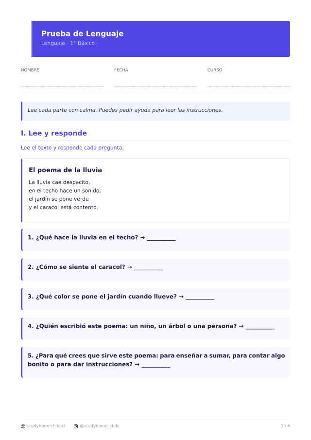 Primera página del documento de Material de Lenguaje para 1° Básico: fichas para imprimir y practicar en casa, tal como se descarga