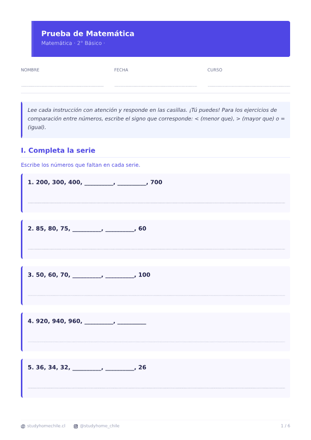 Primera página del documento de Ejercicios de matemática para 2° básico para imprimir, tal como se descarga
