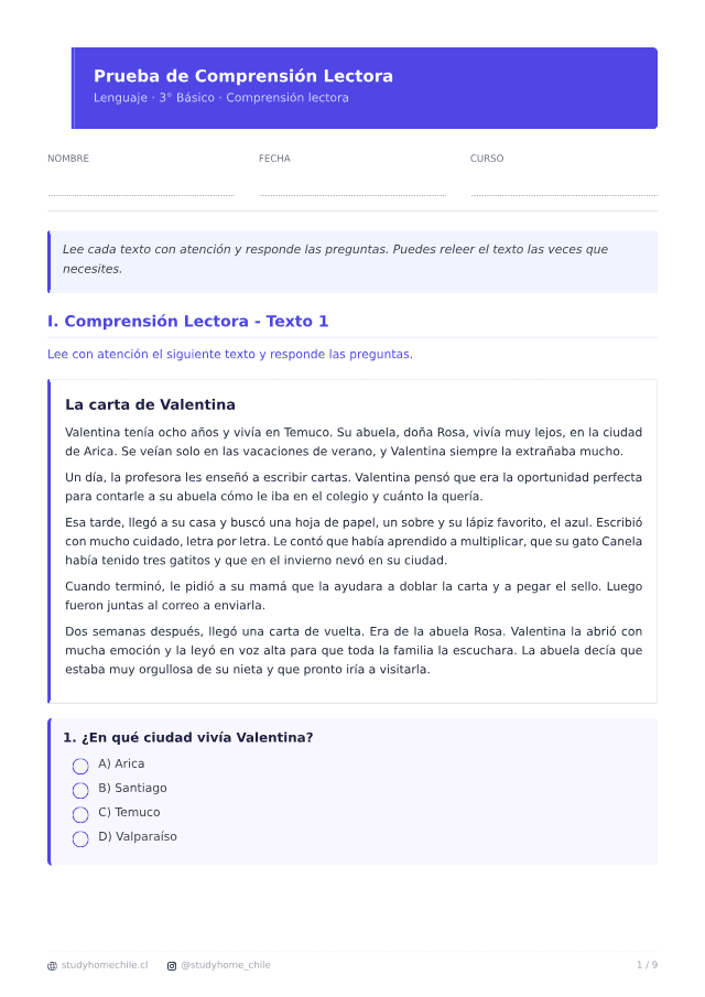 Primera página del documento de Comprensión lectora para 3° Básico: ejercicios para imprimir, tal como se descarga