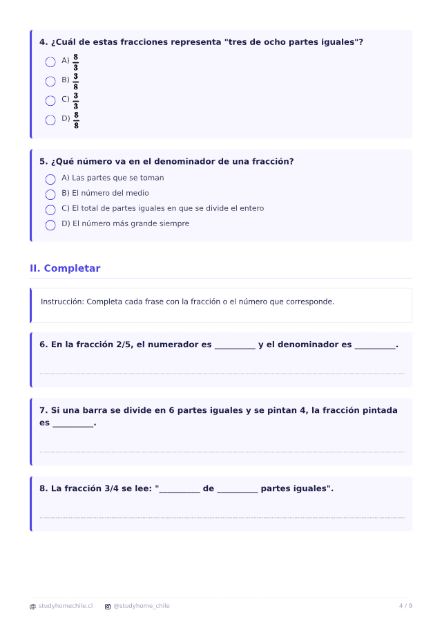 Primera página del documento de Fracciones simples en 3° Básico: fichas y ejercicios para imprimir, tal como se descarga