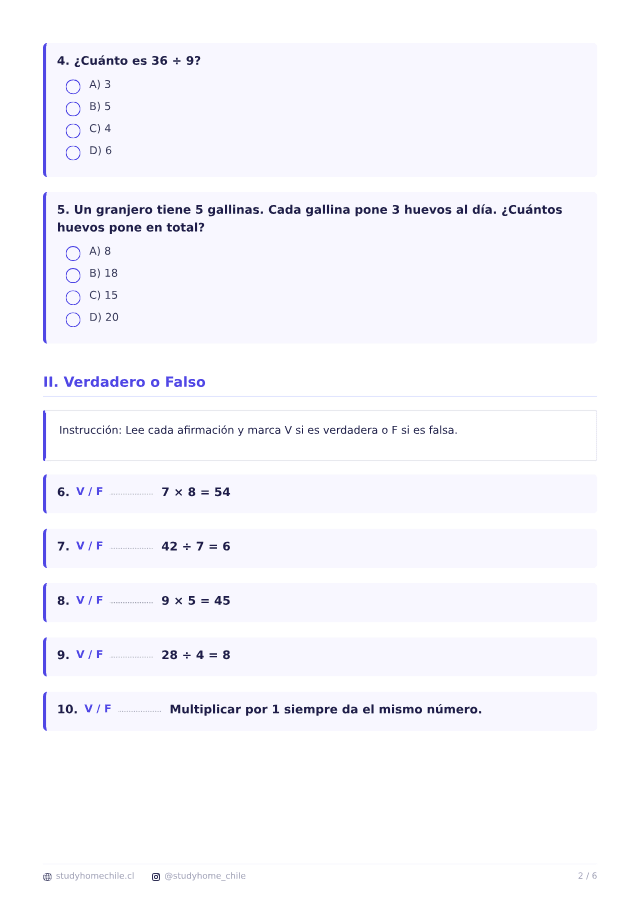 Primera página del documento de Multiplicación y división para 3° Básico: guías y ejercicios para imprimir, tal como se descarga