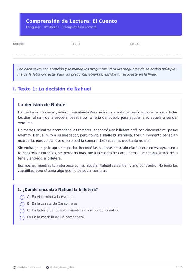 Primera página del documento de Comprensión lectora 4° básico: guías para imprimir, tal como se descarga