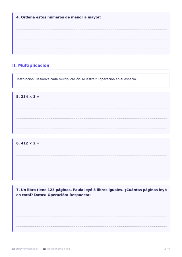 Primera página del documento de Ejercicios de Matemática 4° Básico para imprimir, tal como se descarga