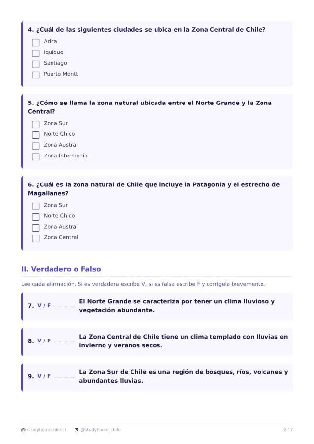 Primera página del documento de Zonas naturales de Chile para 5° Básico, tal como se descarga