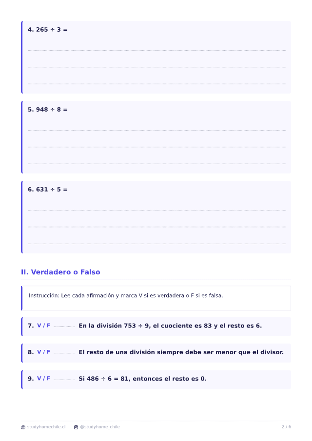 Primera página del documento de División con resto: 3 cifras entre 1 cifra en 5° Básico, tal como se descarga