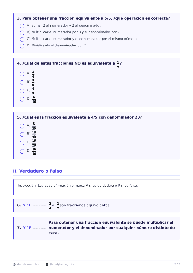 Primera página del documento de Fracciones equivalentes en 5° Básico: ejercicios para practicar en casa, tal como se descarga