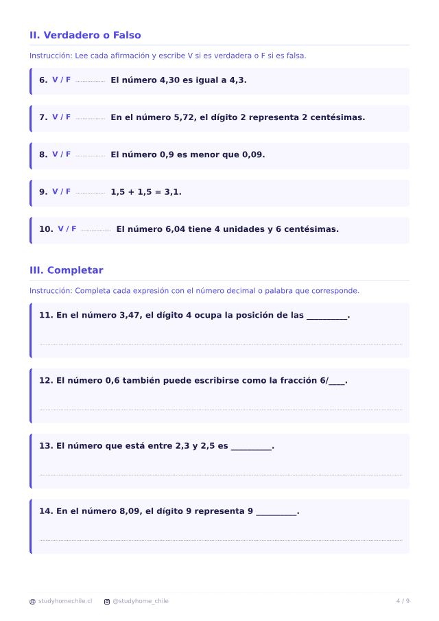 Primera página del documento de Ejercicios de números decimales para 5° Básico, tal como se descarga