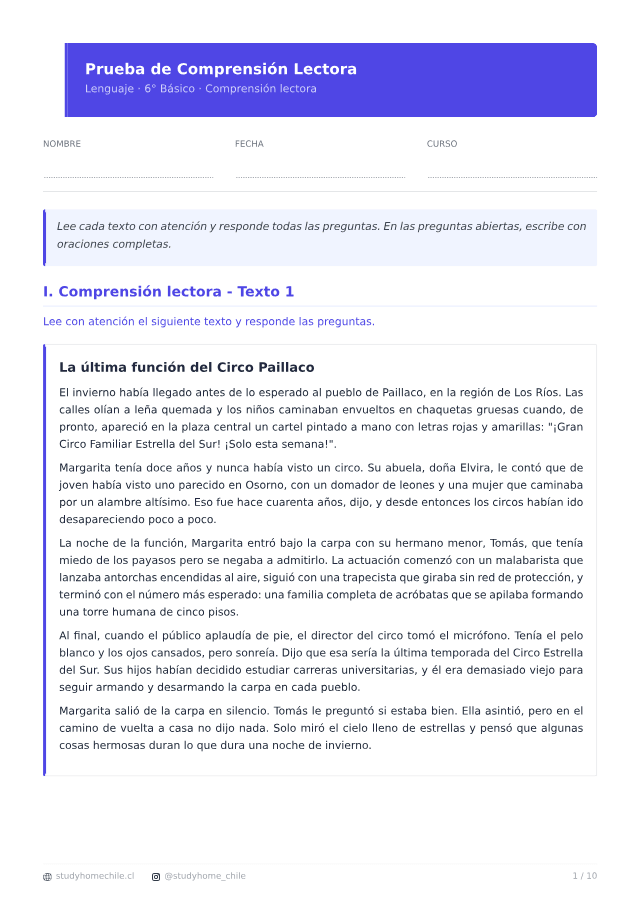 Primera página del documento de Comprensión lectora para 6° Básico, tal como se descarga