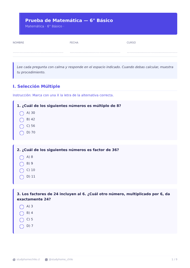 Primera página del documento de Ejercicios de Matemática para 6° Básico para imprimir, tal como se descarga