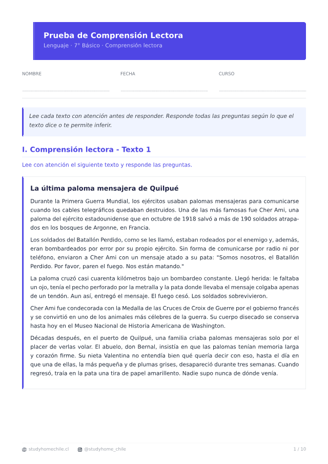 Primera página del documento de Comprensión lectora 7° Básico: ejercicios para practicar en casa, tal como se descarga