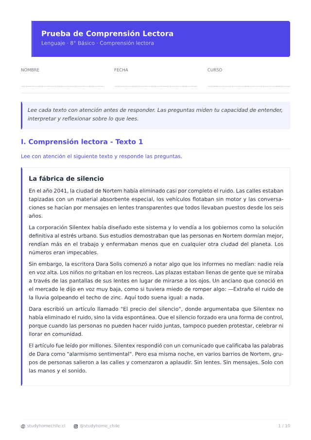 Primera página del documento de Comprensión lectora 8° Básico: ejercicios para practicar en casa, tal como se descarga